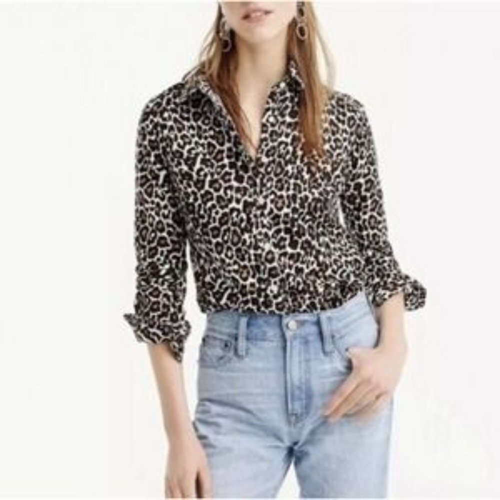 J. CREW | Linen Blend Perfect Shirt Leopard Animal Print Button Up Blouse